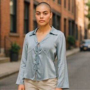 A New Day Blue Satin Tie-Front Blouse